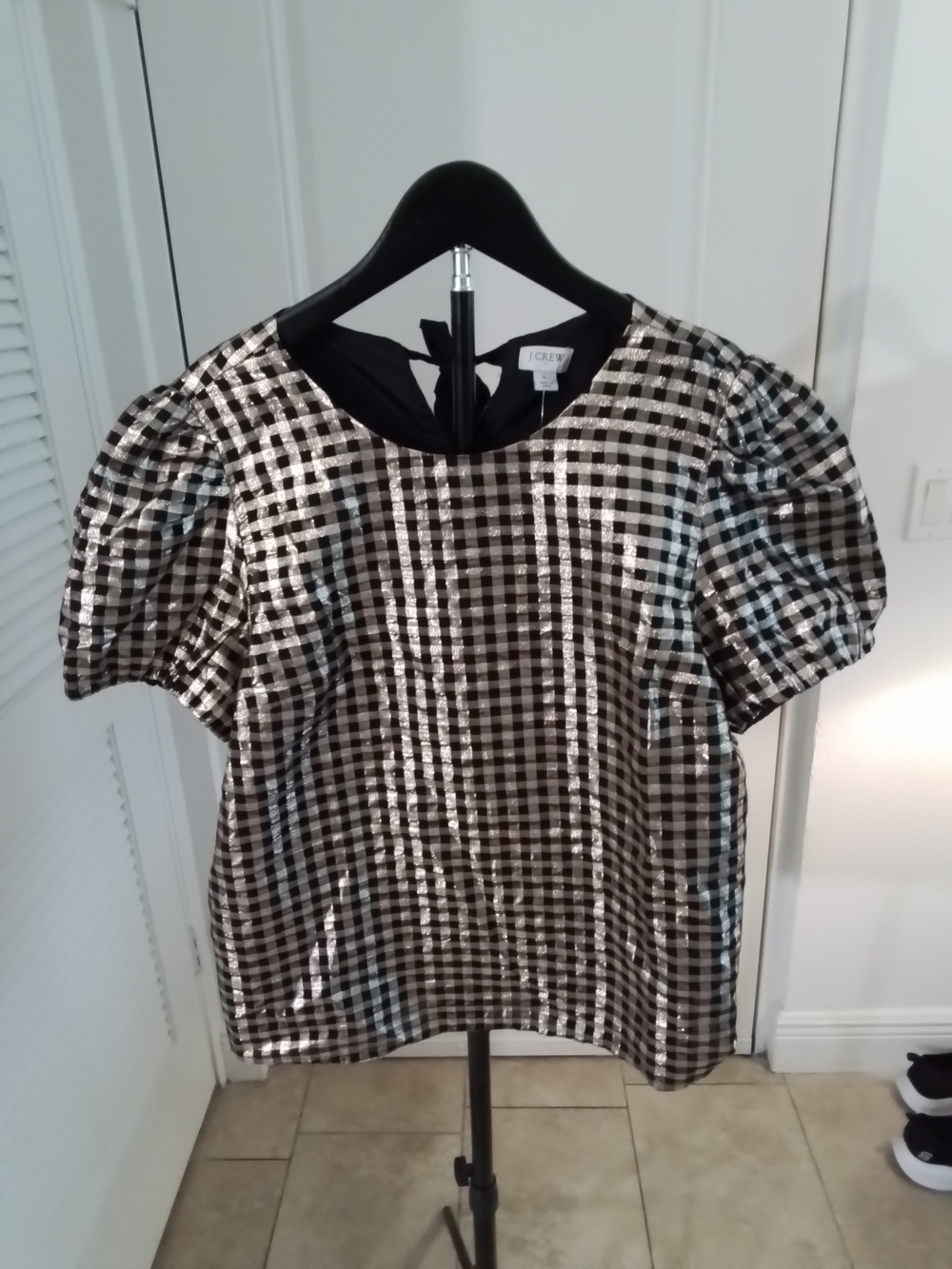 J. Crew Metallic Black and Silver Puff Sleeve Top